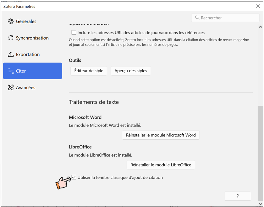 Menu Citer des Paramètres