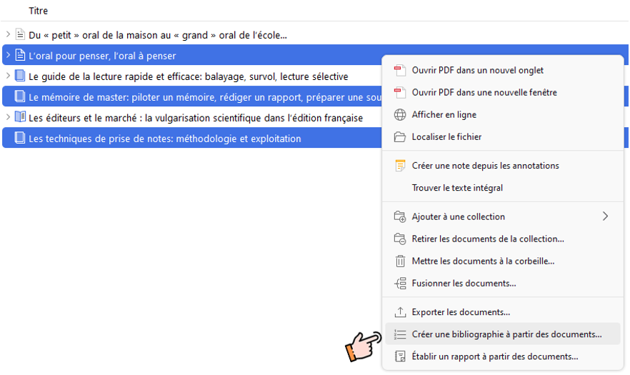 Création d'une bibliographie à partir d'une sélection de documents