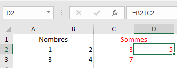 Capture d'écran montrant la formule en D2: =B2+C2
