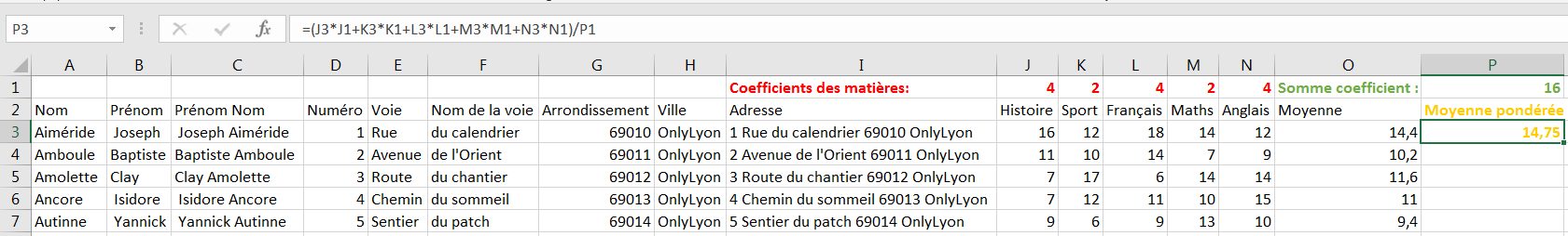 Capture d'écran montrant la moyenne Pondérée