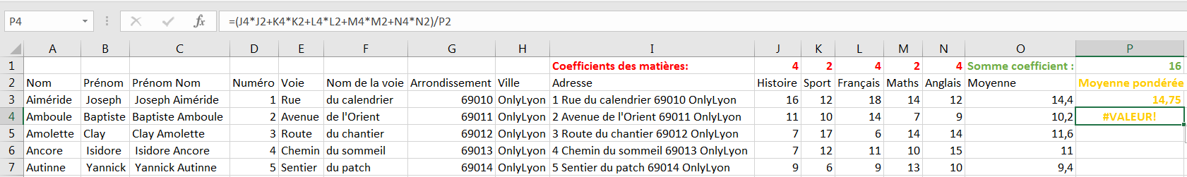 Capture d'écran montrant que dans la cellule P4, il s'affiche "#VALEUR!"