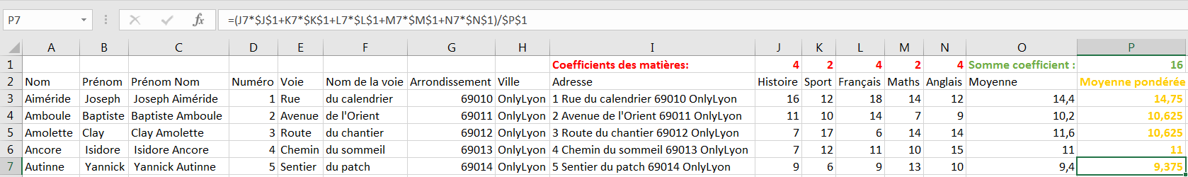 Capture d'écran montrant ce qui les différentes moyennes pondérées de la colonne P (14,75/10,625/10,625/11/9,375)