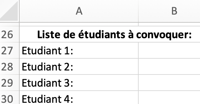 Capture d'écran de deux cellules fusionnées ( Liste d'étudiants à convoquer<img class=