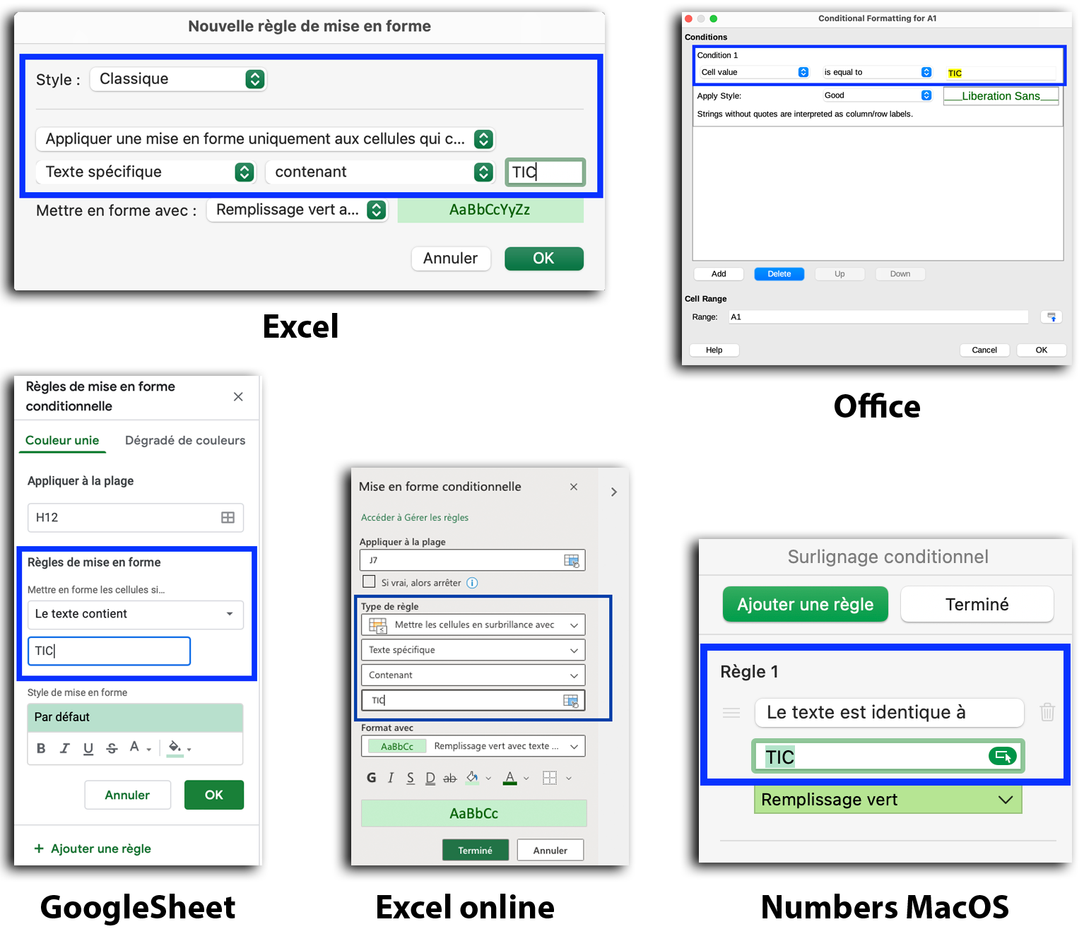 Exemples d'interface de mise en forme conditionnelle que l'on retrouve dans différents logiciels ( Excel, Office etc.)