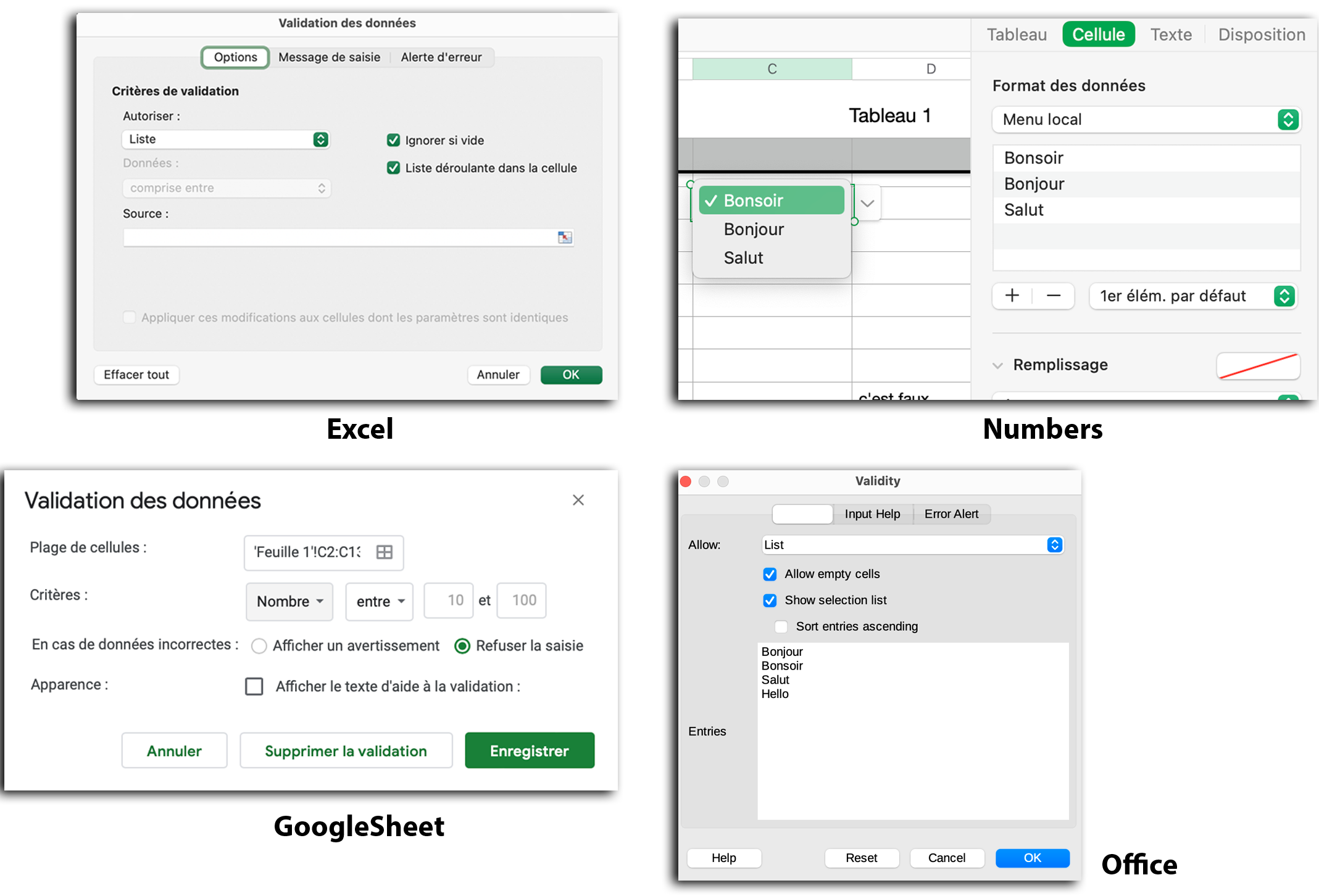 Différents styles de validations de données de différents logiciels: Excel, Numbers, Google Sheet et Office