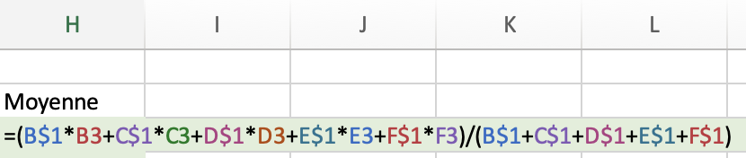 Formule attendu
=(B$1*B3+C$1*C3+D$1*D3+E$1*E3+F$1*F3)/(B$1+C$1+D$1+E$1+F$1)