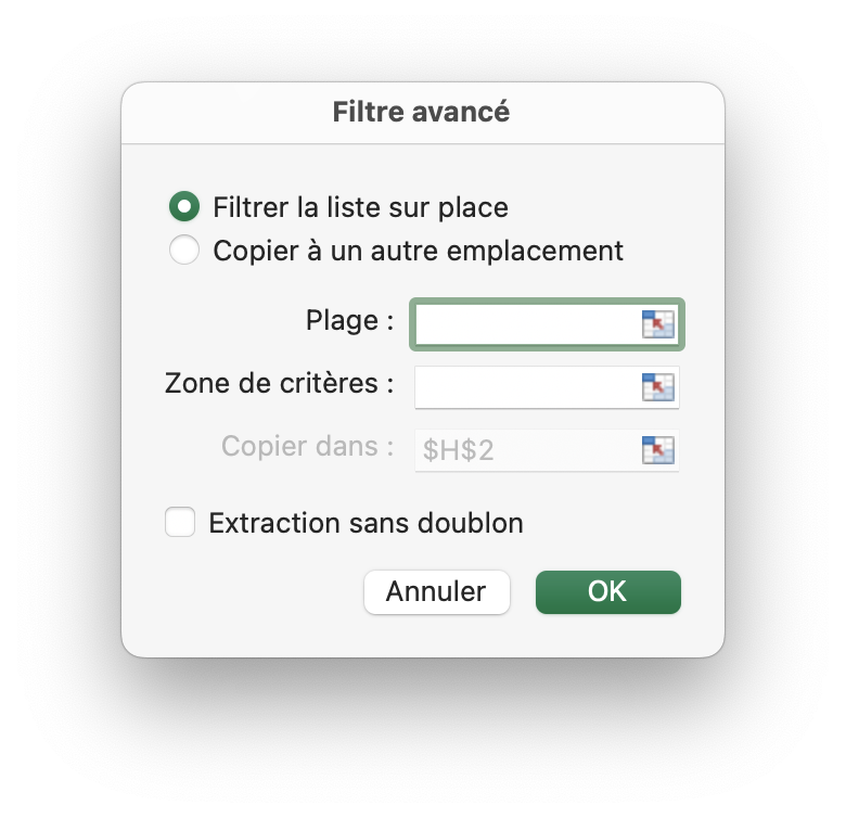 Capture d'écran montrant la fenêtre "Filtre avancé" avec l'option "Filtrer la liste sur place"