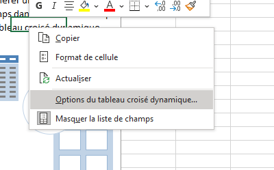 Capture d'écran montrant le menu contextuel et choix de Options du tableau croisé dynamique