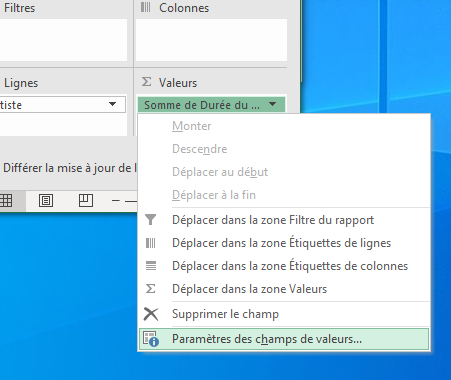Capture d’écran du menu contextuel montrant Paramètres des champs de valeurs