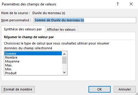 Capture d’écran de la boîte de dialogue Paramètres des champs de valeurs où vous pouvez sélectionner la Moyenne