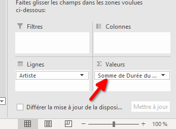 Capture montrant la position de Somme de Durée du morceau (s) dans le volet Champs de tableau croisé dynamique