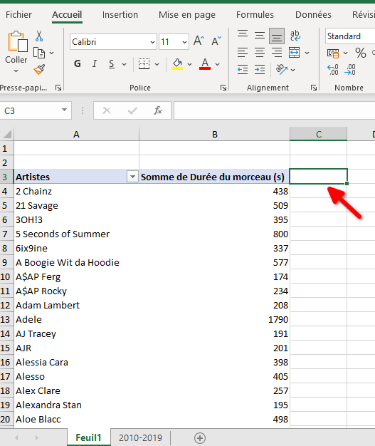 Capture d’écran montrant la cellule à sélectionner pour l'exercice