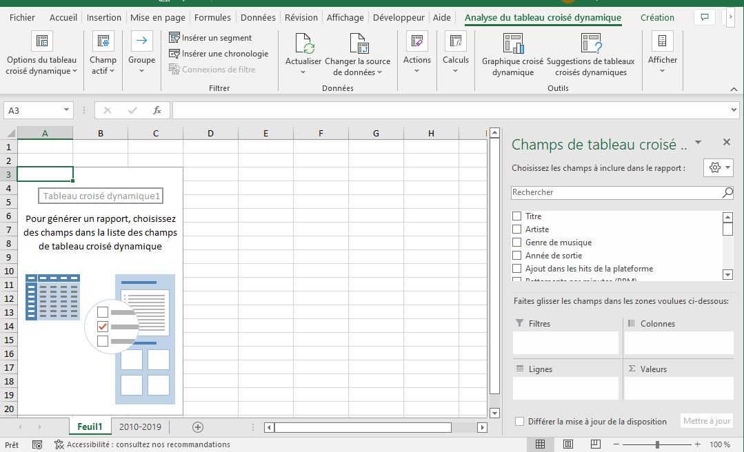 Capture d’écran de l’interface de la feuille de calcul nouvellement créée par l’outil TCD
