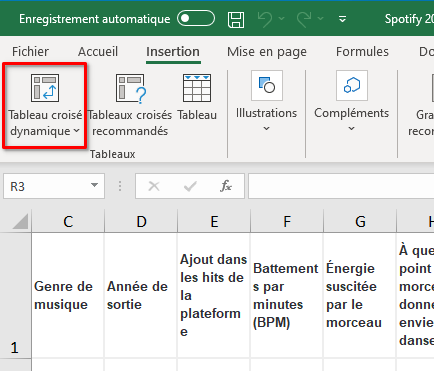 Capture d’écran montrant la localisation de l’icône Tableau Croisé Dynamique dans l’onglet Insertion du Ruban 