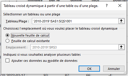 Capture d’écran de la boîte de dialogue de création d’un TCD : on y choisit la plage et la position finale du TCD.
