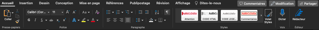 Visuel montrant le ruban de microsoft word