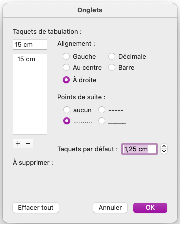Capture d'écran montrant le menu permettant de définir ou de modifier des taquets de tabulation