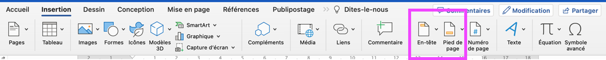 Capture d'écran montrant les menus en-tête ou Pied de page de l’onglet Insertion
