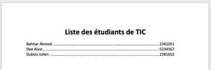 Illustration des tabulations. Des noms d'étudiants apparaissent avec leur numéro d'étudiants de l'autre côté.