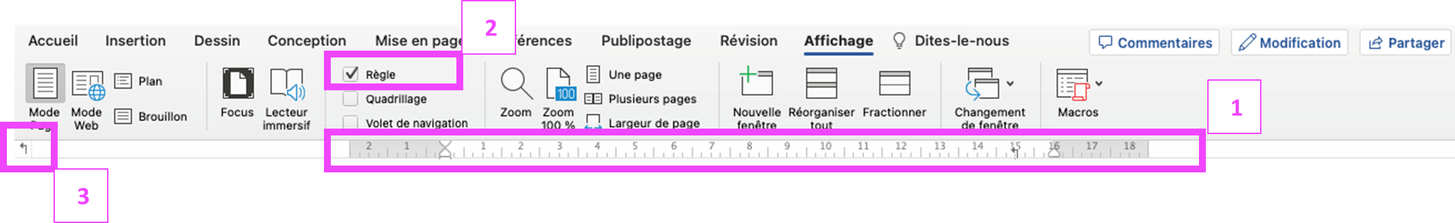 Illustration de la règle du document et de la zone de sélection de Tabulation dans l'onglet "Affichage" du Ruban.