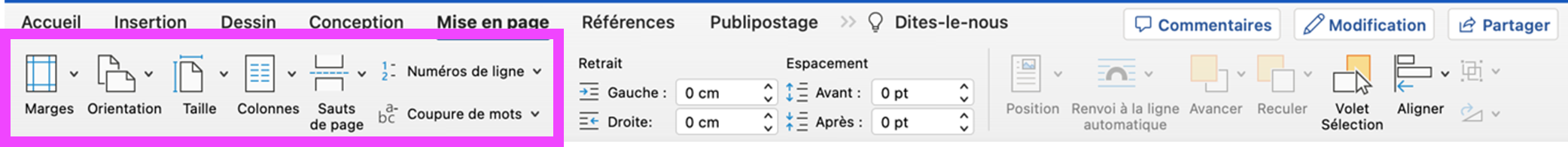 Illustration de l'onglet Mise en page sous Microsoft Word situé dans le Ruban