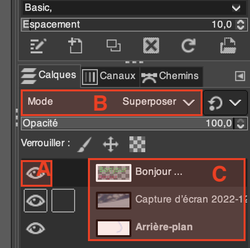 Illustration des zones A, B et C (exercice calque) du logiciel GIMP