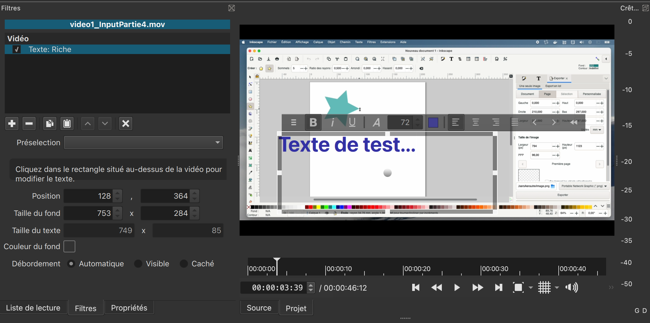 Capture d'écran du logiciel Shotcut avec la zone de texte qui apparait