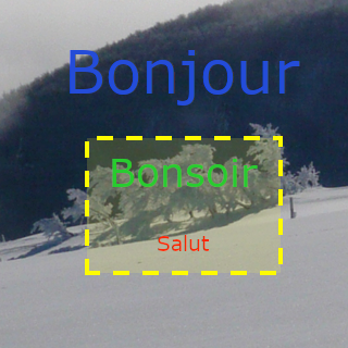 Image attendue."Salut" écrit en rouge, "Bonsoir" en vert et "Bonjour" en bleu. "Bonsoir" et "Salut" sont dans un cadre jaune.