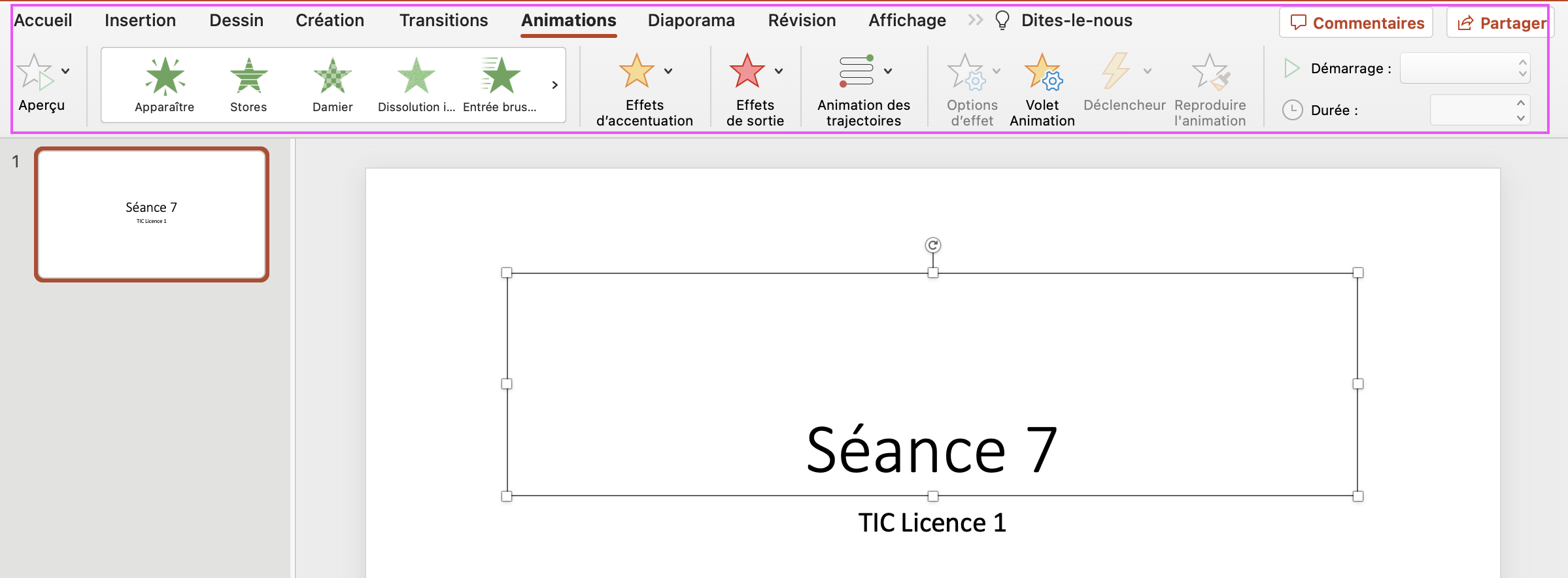 Capture d'écran montrant l'onglet "Animations" de PowerPoint.