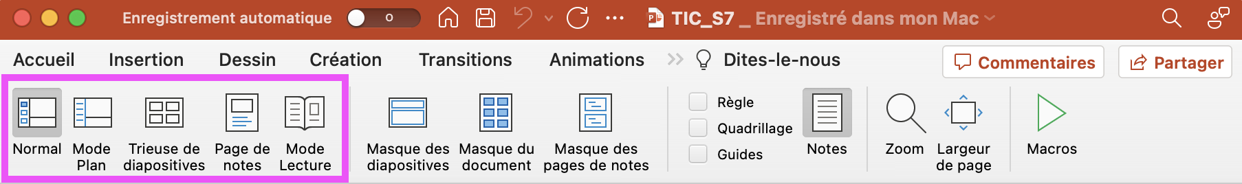 Capture d'écran montrant les différentes options d'affichage PowerPoint sous l'onglet Affichage