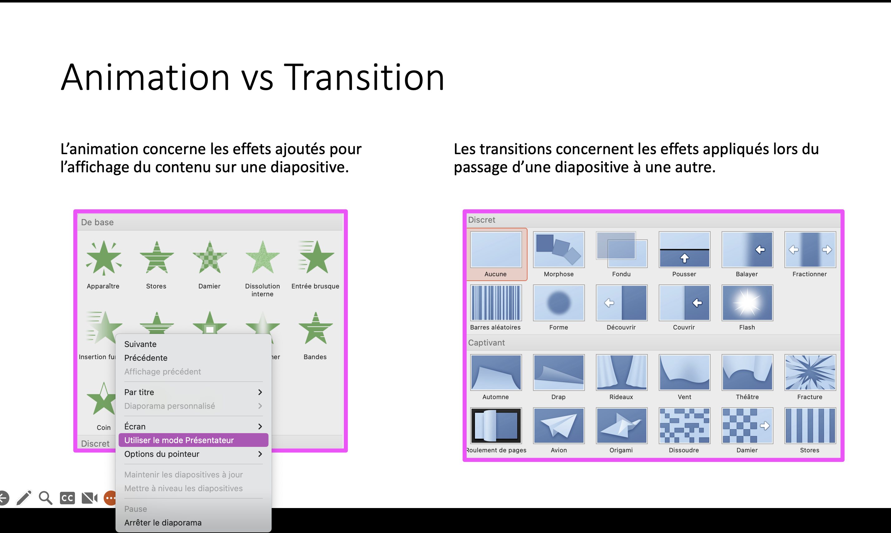 Capture d'écran illustrant la méthode pour Basculer du mode Diaporama vers le mode Présentateur ( Animation vs Transition)