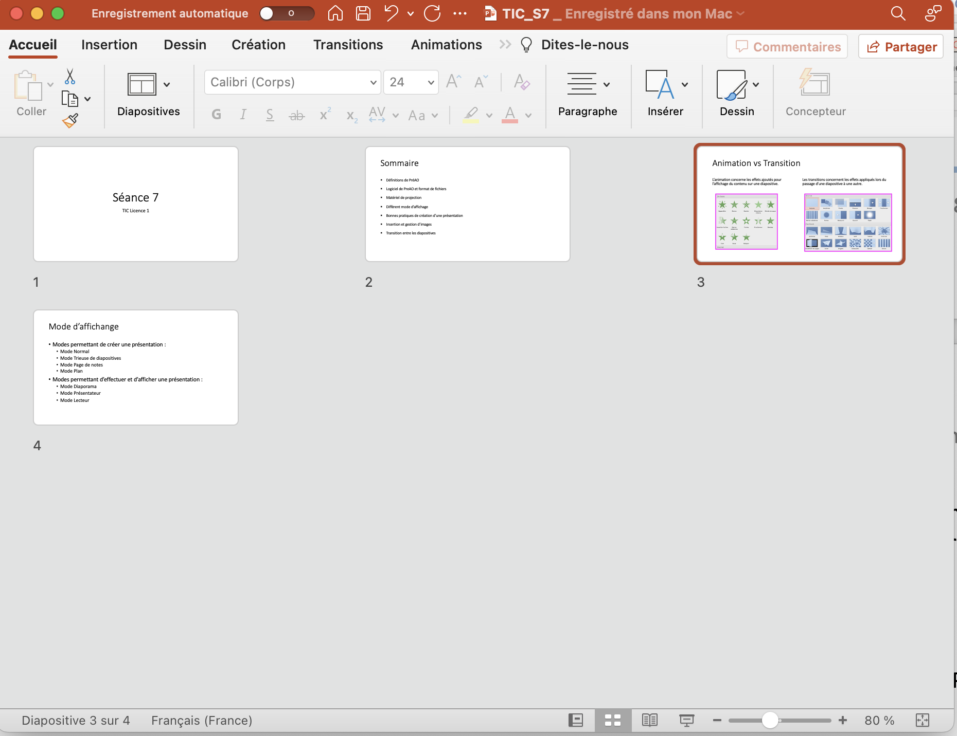 Capture d'écran du mode Trieuse de diapositive de Powerpoint