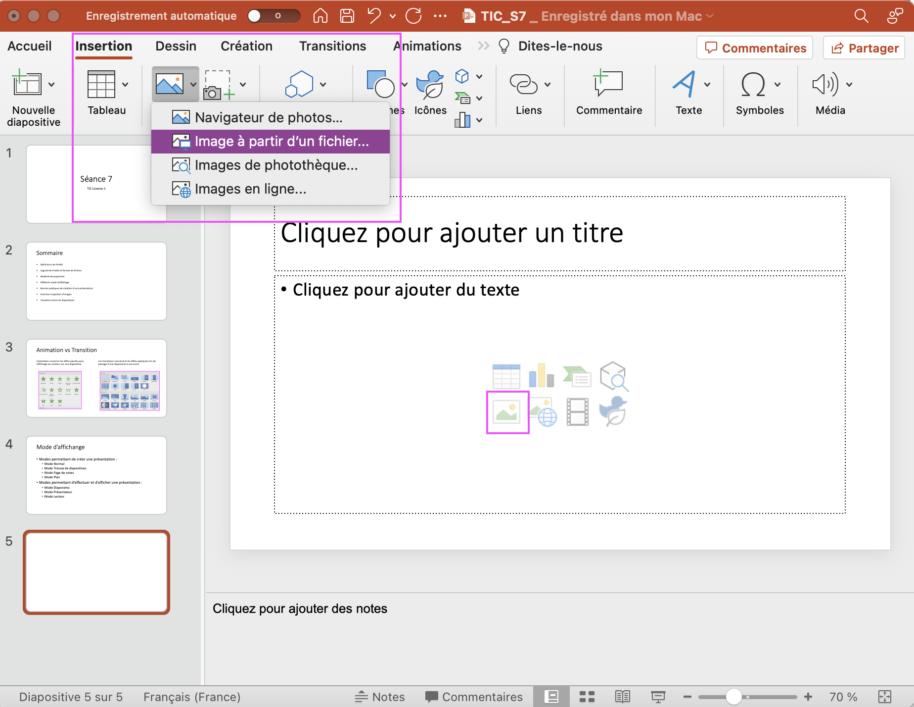 Capture d'écran montrant comment insérer une image dans une diapositive (onglet Insertion).