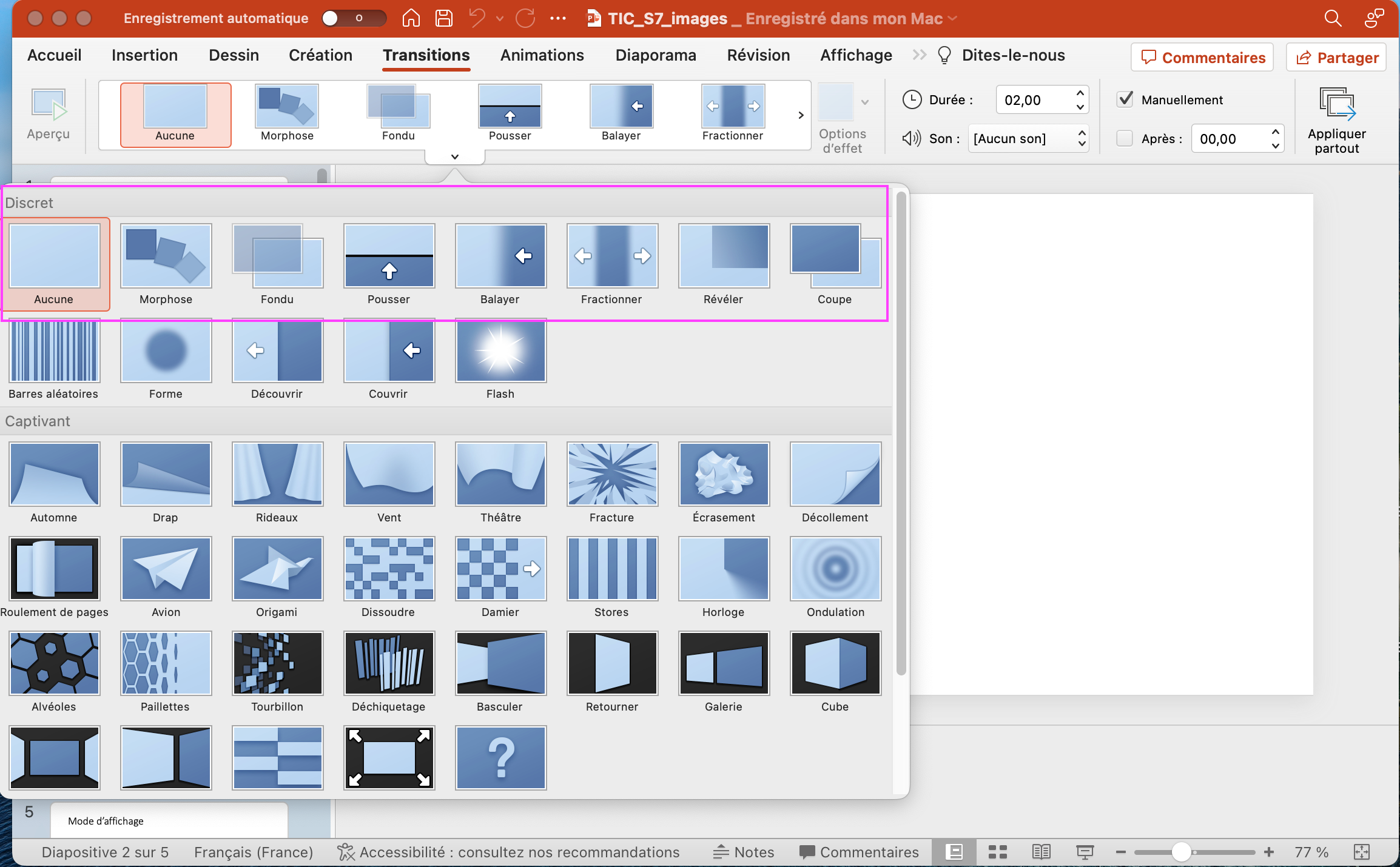 Capture d'écran de l'onglet "Transitions" de Powerpoint 