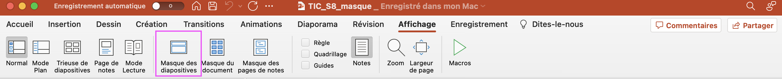 Capture d'écran du mode « Masque des diapositives » se trouve sur l'onglet « Affichage » dans PowerPoint