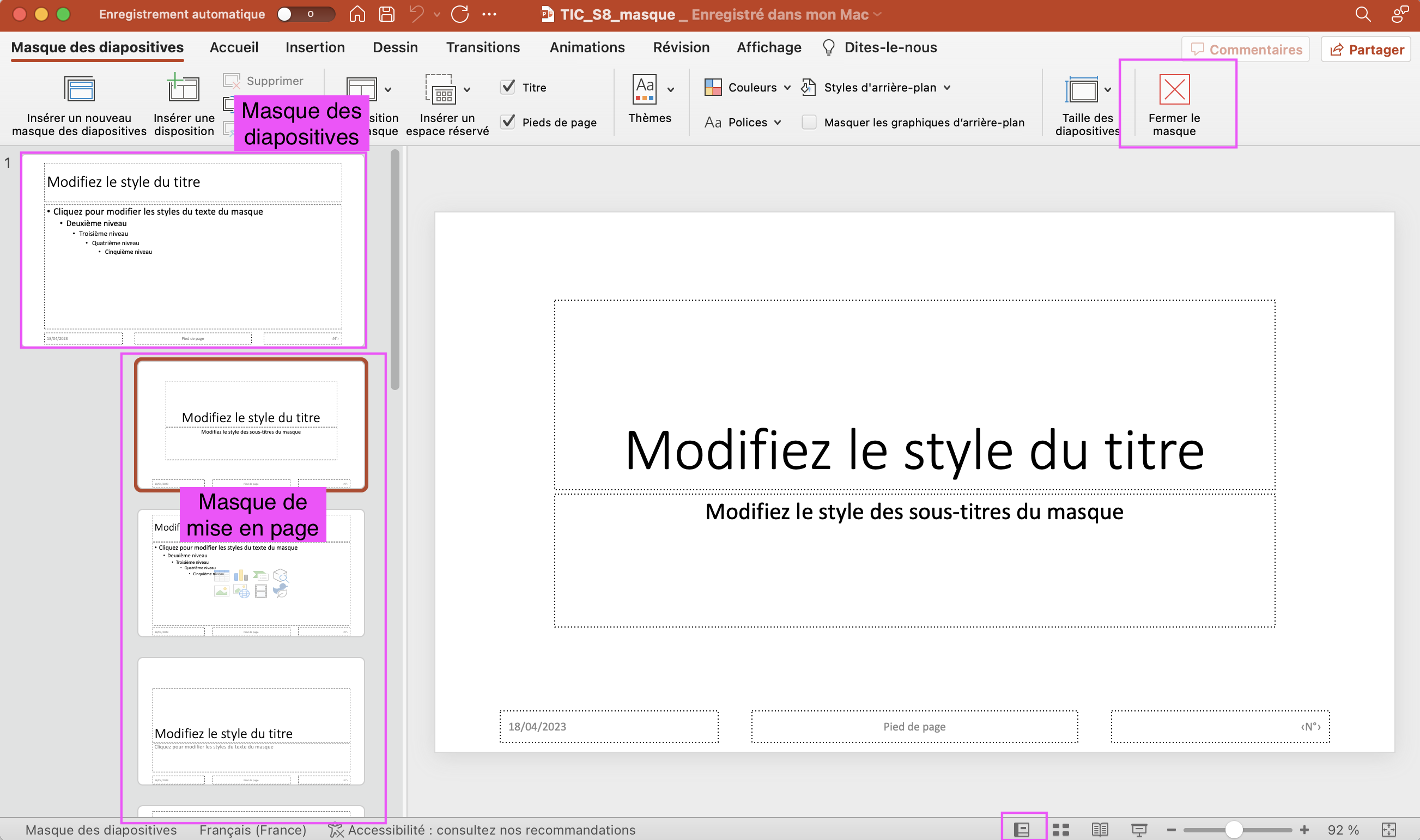 Capture d'écran montrant le "Masque des diapositives" ainsi que le "Masque de mise en page".
