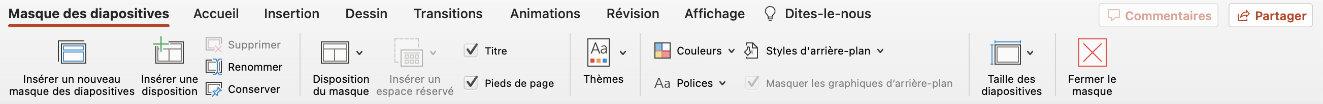 Capture d'écran de l'onglet « Masque des diapositives » dans Powerpoint