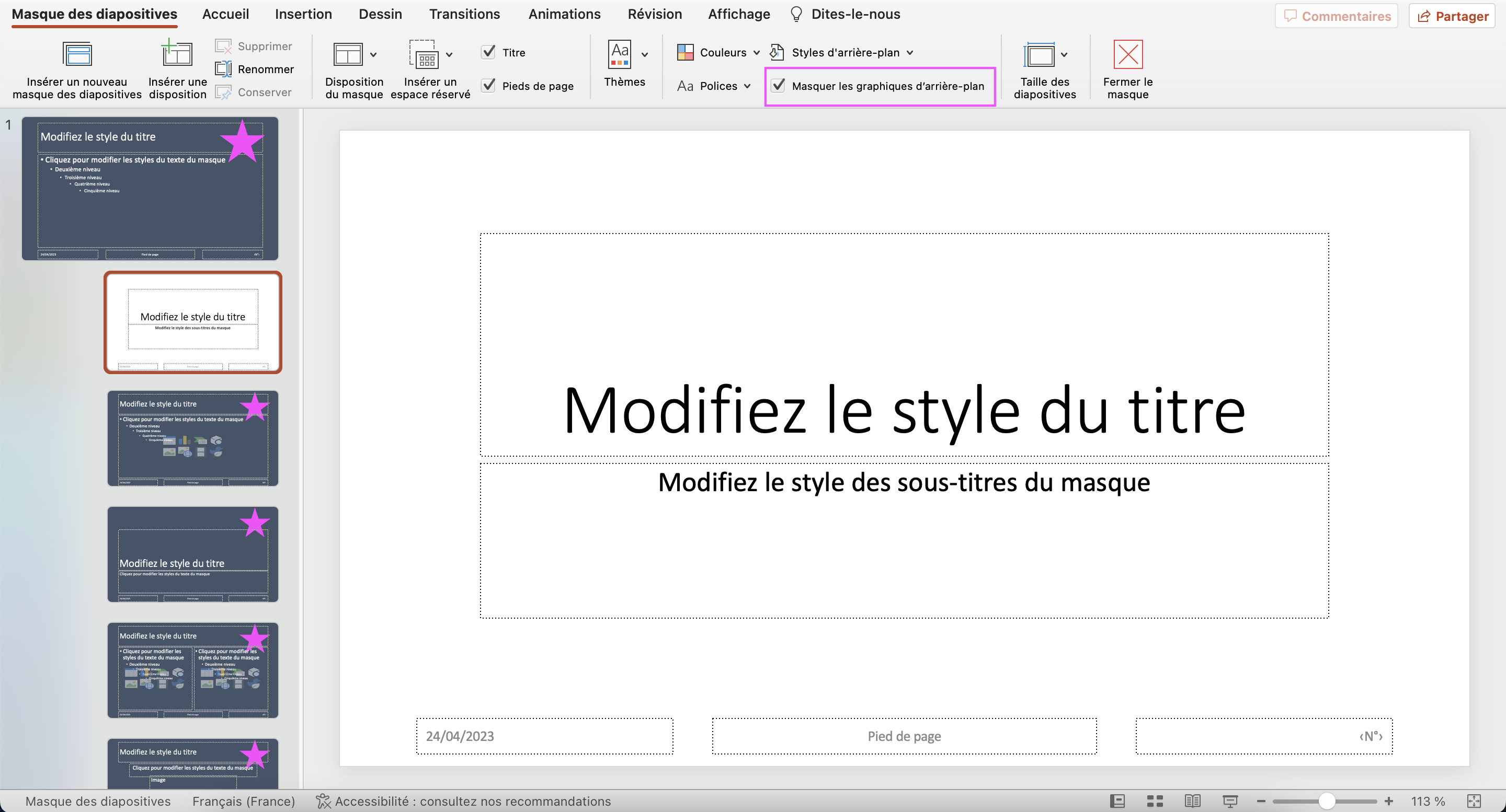 Capture d'écran d'un exemple de masquage d'un graphique d'arrière-plan sur une disposition « Diapositive de Titre »
