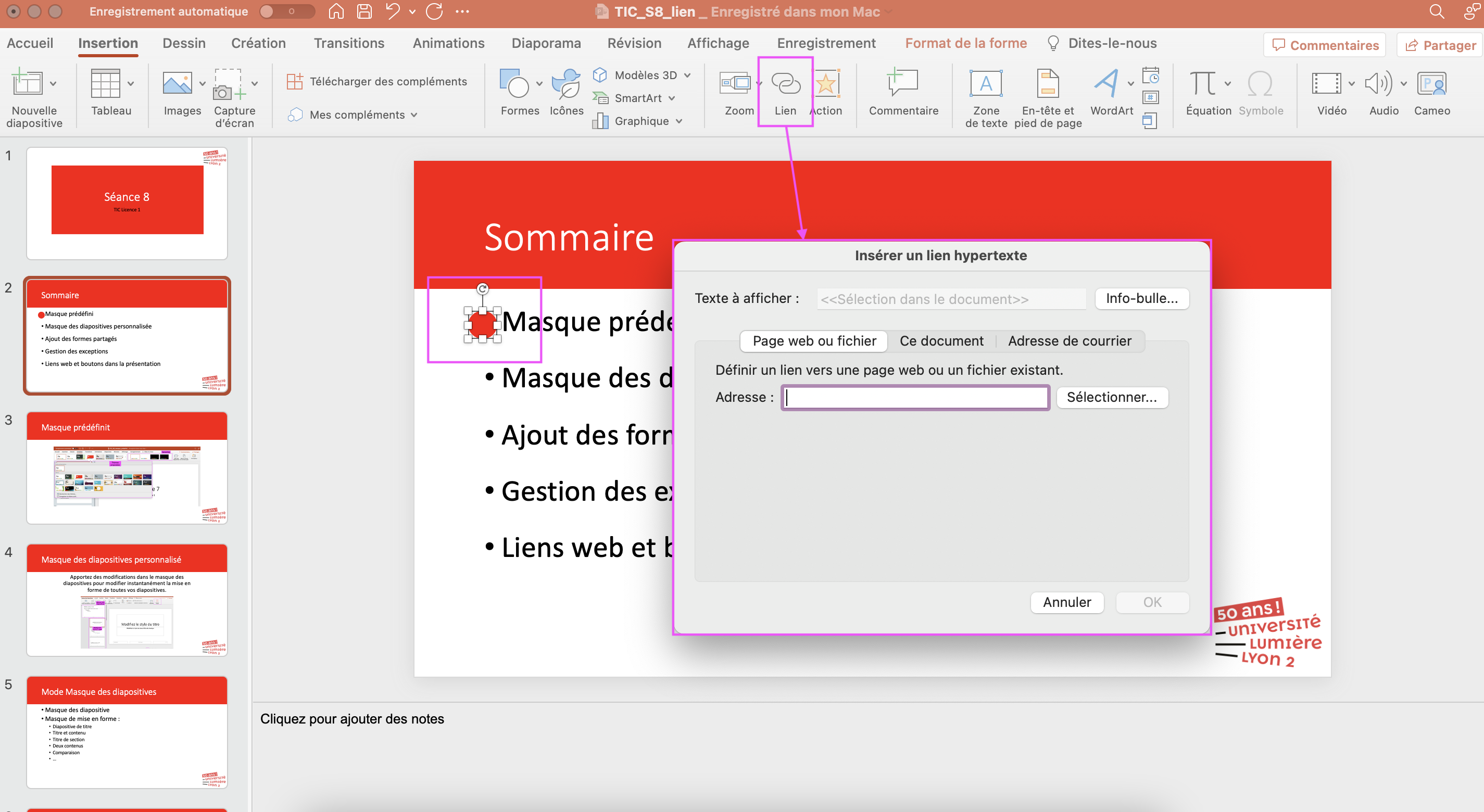 Capture d'écran montrant le bouton "Lien" dans l'onglet "Format de la forme" qui permet d'insérer un lien hypertexte