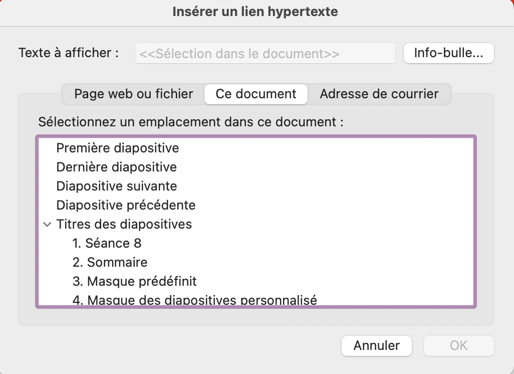 Capture d'écran montrant la fenêtre "Insérer un lien hypertexte"