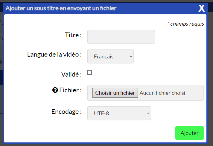 Fenêtre "Ajouter un sous titre en envoyant un fichier"