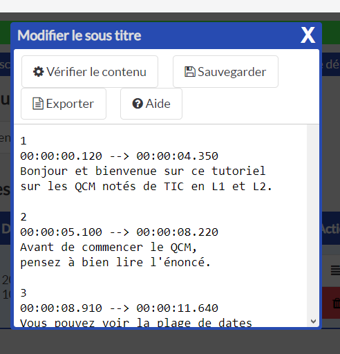 Fenêtre des times codes et des sous titres 