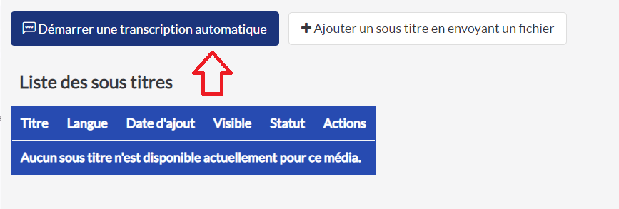 Capture d'écran montrant le bouton "Démarrer une transcription automatique"