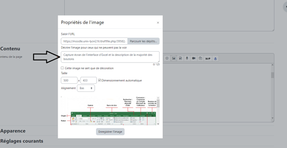 Capture d'écran montrant ou écrire le texte de remplacement lors de l'importation d'une image sur Moodle