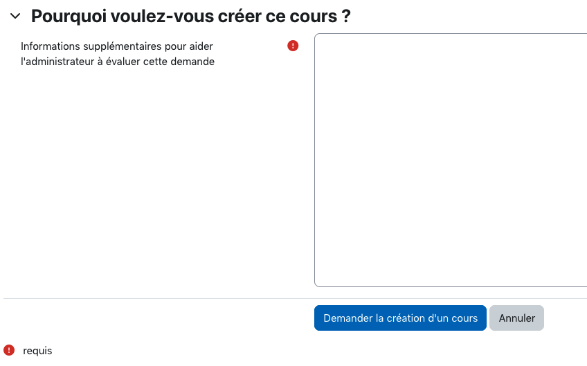 Justification de demande de création de cours, sur la même page