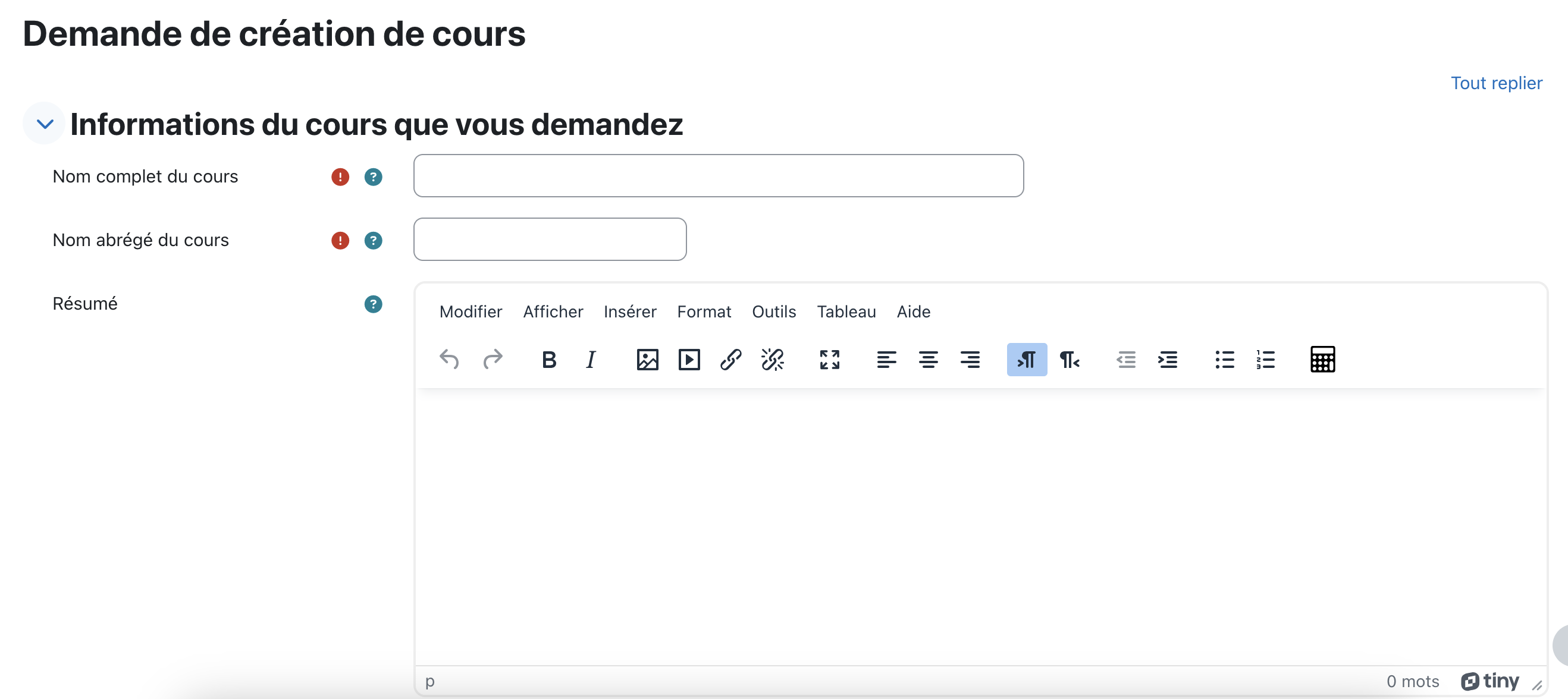 Première page d'une demande de création de cours