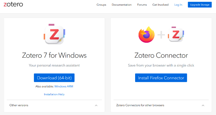 Page de téléchargement de Zotero