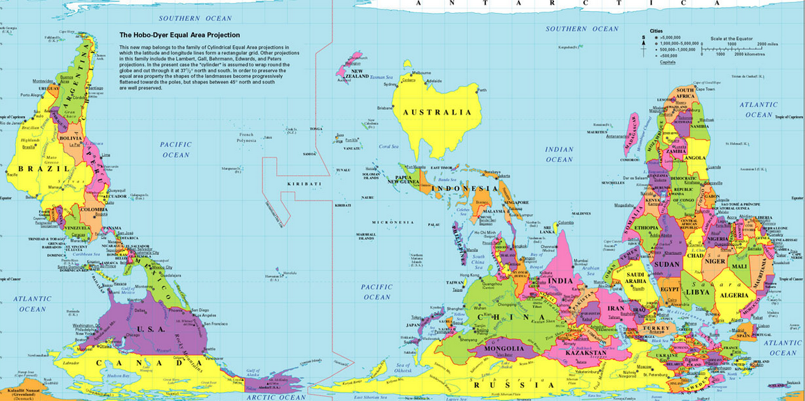 mappemonde plaçant l'Australie au centre, et l'hémisphère sud en haut