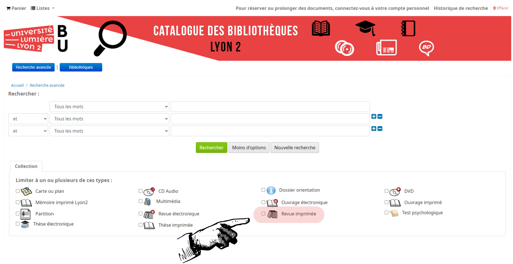 Recherche avancée du catalogue