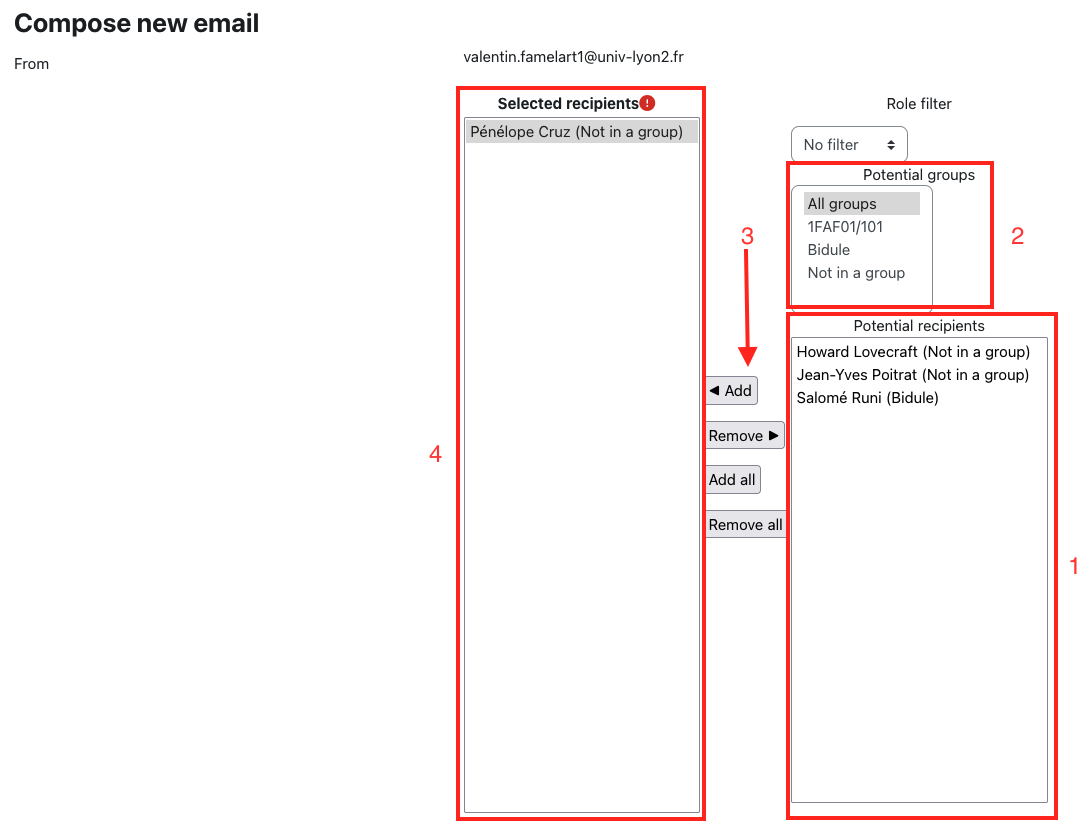 Capture de la sélection des destinataires d'un email envoyé via Moodle